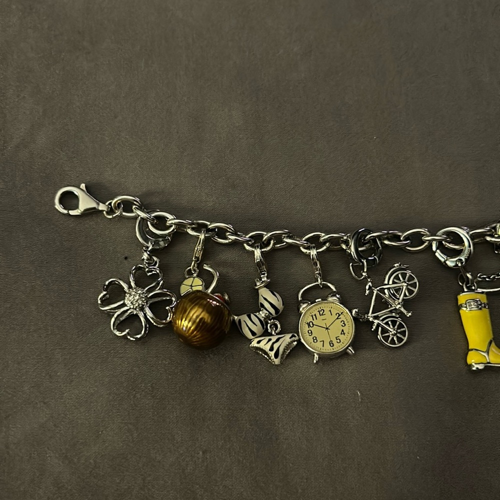Sterling silver charm bracelet, some charms are Fossil, all are 925 silver
